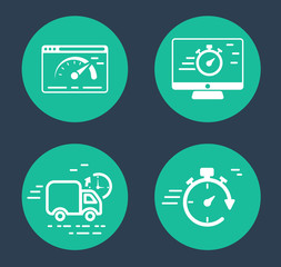 Set outline icons with clock. Icon Delivery , Icon Internet speed and Icon clok