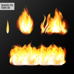 Realistic fire flames set. Real transparency effects. Vector