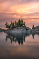 Rocky Island With Pine Trees On The Mountain Lake At Sunset, Altai Mountains Highland Nature Autumn Landscape Photo