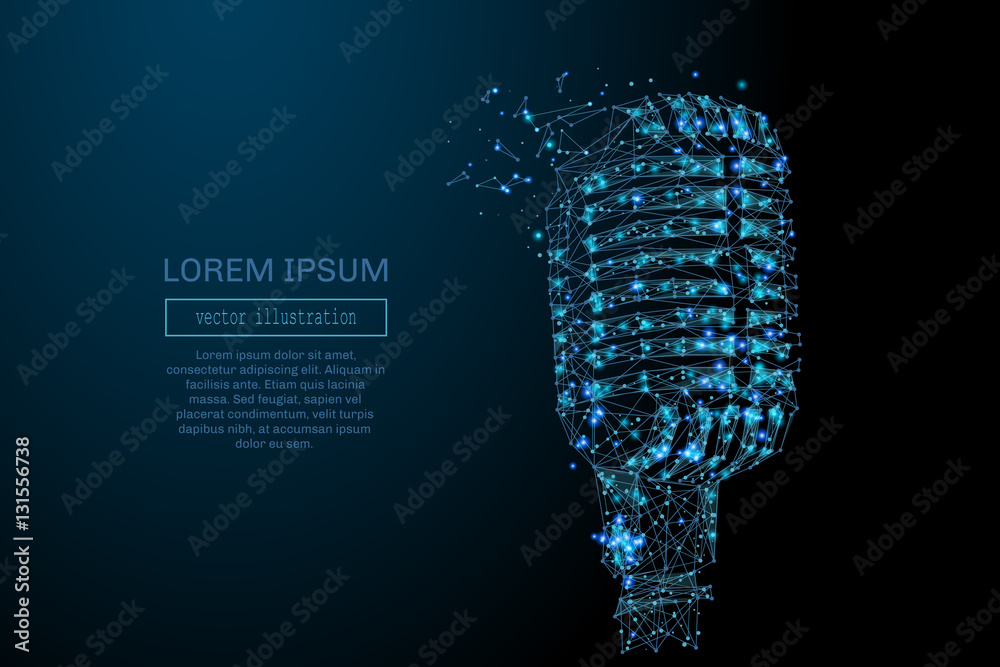 Poster Abstract image of a microphone in the form of a starry sky or space, consisting of points, lines, and shapes in the form of planets, stars and the universe. Vintage microphone vector wireframe concept
