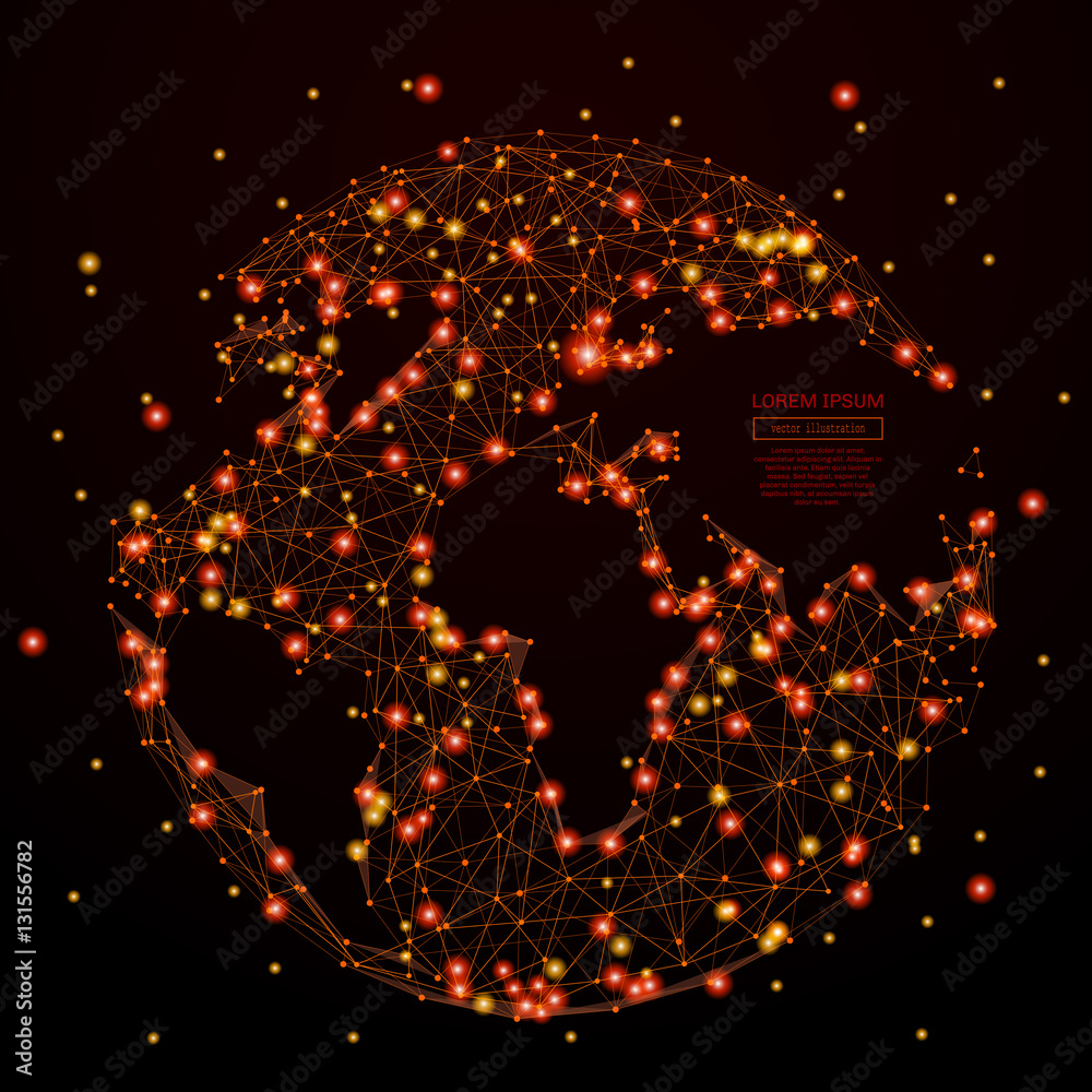 Poster Abstract mash line and point planet Earth in flames style on dark background with an inscription. Earth of a starry sky or space, consisting of stars and the universe. Vector polygonal illustration