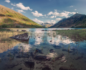 Mountain Lake With Water Reflecting Blue Sky, Altai Mountains Highland Nature Autumn Landscape Photo
