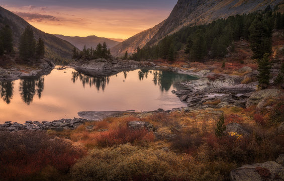 Pink Sky And Mirror Like Lake On Sunset With Red Color Growth On Foreground, Altai Mountains Highland Nature Autumn Landscape Photo