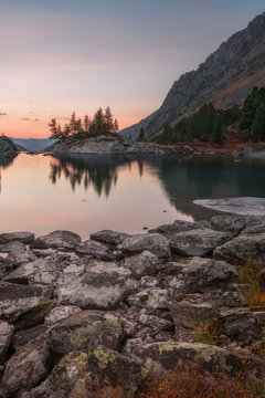 Rocky Shore Of The Mountain Lake On Sunset, Altai Mountains Highland Nature Autumn Landscape Photo