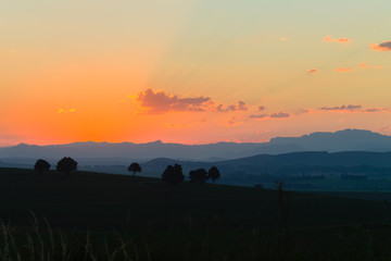 Mountains Farmlands Sunset