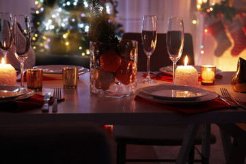 Close up view of table set for Christmas dinner