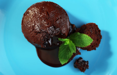 Chocolate fondant with mint on plate