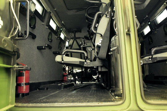 View of open military medical vehicle