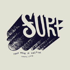 surf text drawing t-shirt print.