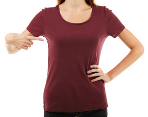 Young woman in blank maroon t-shirt on white background, close up