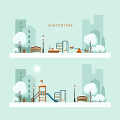 Public park in the city with children playground. Winter season. Vector illustration.