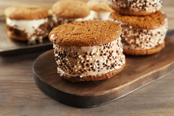 Ice cream cookie sandwiches on cutting board, closeup