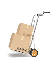 Hand truck with cardboard boxes on white background. 3D illustration