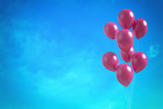 Red balloons on the blue sky background. 3D illustration
