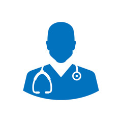 Icono plano silueta medico azul en fondo blanco