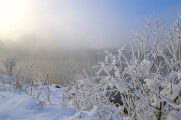 Frosty Morning on the lake, fog and frost on the grass.