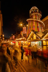 Helter skelter and market stalls at Nottingham Christmas market.