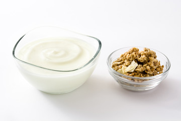 Greek yogurt in glass bowl isolated on white background
