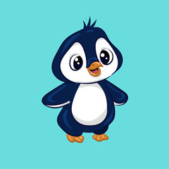 blue and white cartoon baby penguin at the white background