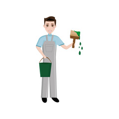 painter works  with paint bucket and brush