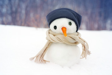 Small snowman in a cap and a scarf on snow in the winter against the background of trees. Festive...