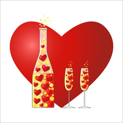 Illustration of two glasses and a bottle of champagne on a background of red hearts. Suitable for decoration of greeting cards for Valentine's day and design backgrounds.