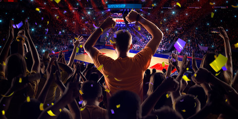Fans on basketball court in game