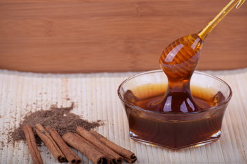 Honey with cinnamon sticks