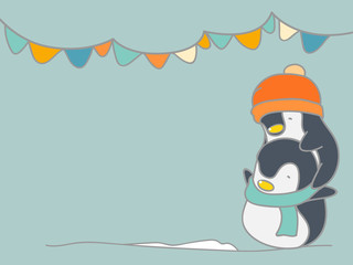 Cute penguins wallpaper in a merry Christmas greetings. Isolated penguins cartoon vector illustration.