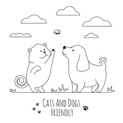Pets friends. Dog and cat playing together doodle vector illustration