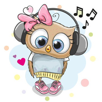 Owl Girl with headphones and hearts