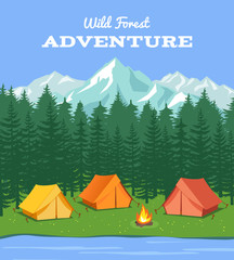 Outdoor camping. Nature background with river and forest, mountains camp tent vector illustration