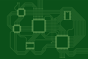 PCB wiring scheme, circuit board on green background vector