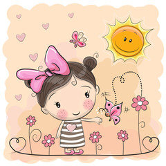 Cartoon Girl on the meadow with flowers