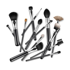 Vector Set of Black Clean Professional Makeup Concealer Powder Blush Eye Shadow Brow Brushes with Black Handles scattered chaotically Isolated on White Background