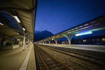Empty train station at night. Interlaken, Switzerland, Europe