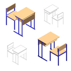 School desk set.Vector illustration.Isolated on white.Isometric