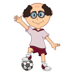 Old man playing soccer and wave his hand cartoon