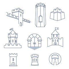 Castle tower, turret, kingdom fortress and castle gate vector line art icon set © vpanteon