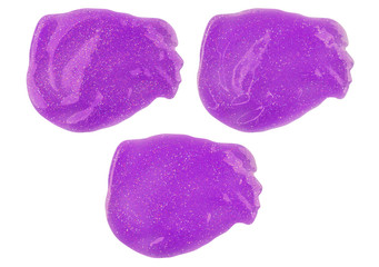 Three purple smeared lip gloss samples with different lighting and reflections, isolated on white background, clipping paths included