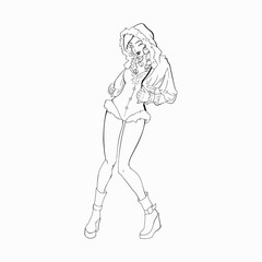 Vector cartoon of girl. Black outline for coloring book. Vector contour of illustrations for christmas