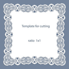 Greeting card with openwork border, paper doily under the cake, template for cutting, wedding invitation, decorative plate is laser cut, frame with lace edge, vector illustrations.