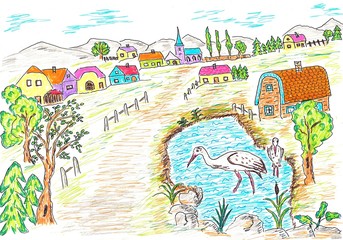 Hand drawn multicolor illustration with small village, pond and two storks - scan