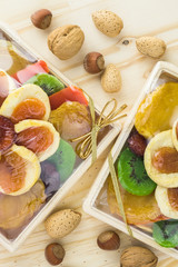 Dried fruits plate. Food gift.