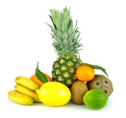 Tropical fruits mix isolated on white background