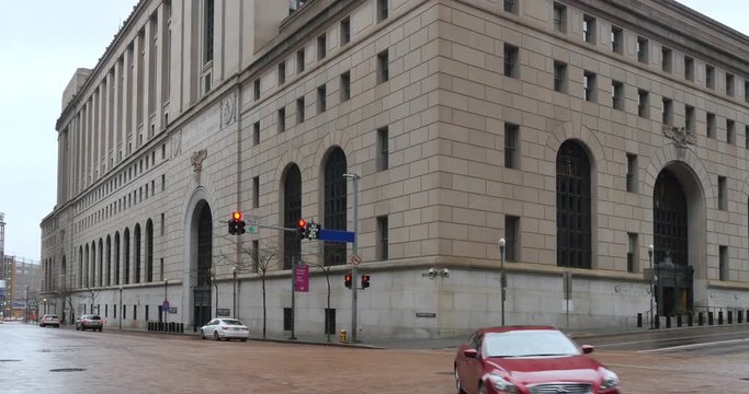 PITTSBURGH - Circa December, 2016 - An overcast establishing shot of a federal building or post office in a large city.  	