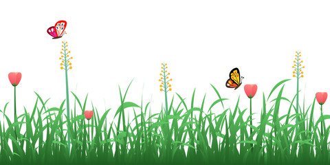 Green grass with flowers and butterflies nature border design