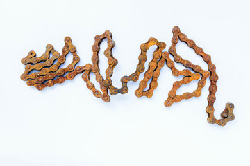 Old bike chain with  rusty  on white background.