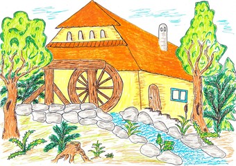 Hand drawn multicolor illustration with water mill in the nature - scan