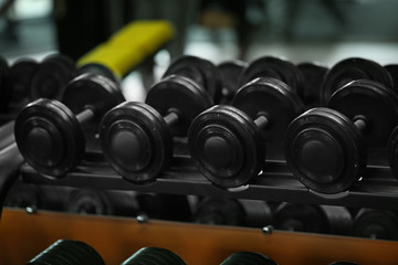 Obraz na płótnie Canvas Rack with different dumbbells in gym, close up